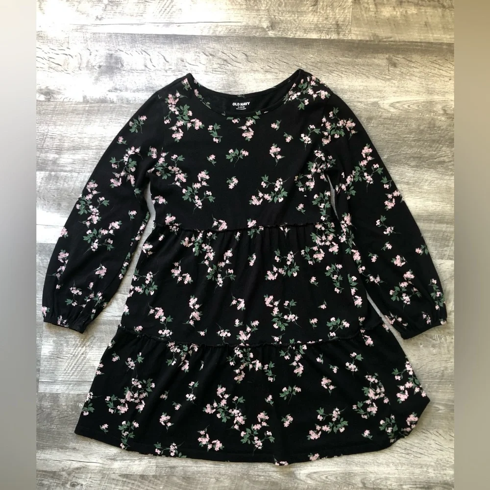 Girls 12 Old Navy Black Floral Kids Mini Dress Delicate Light Pink Flowers
